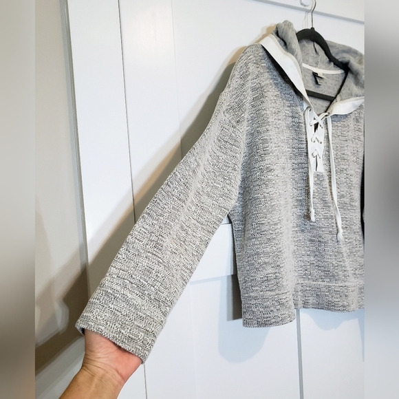 A New Day Hoodie Pullover Textured Lace Up Tie Neck Gray & White Size XL - Picture 5 of 11